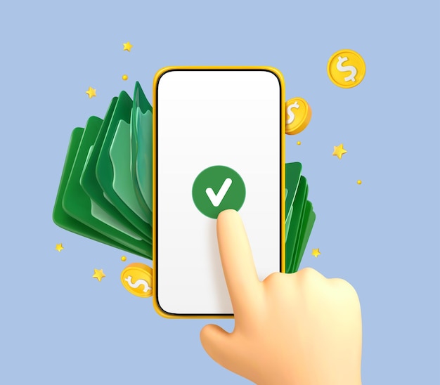 Vetor tela tocante do dedo dos desenhos animados 3d do smartphone com moedas e notas de dólar conceito de pagamento on-line aplicativo de carteira móvel aplicativo bancário transfira dinheiro via smartphone vector a ilustração 3d