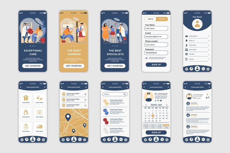 Vetor telas de conceito de medicina definidas para o modelo de aplicativo móvel ui ux gui kit de interface de usuário