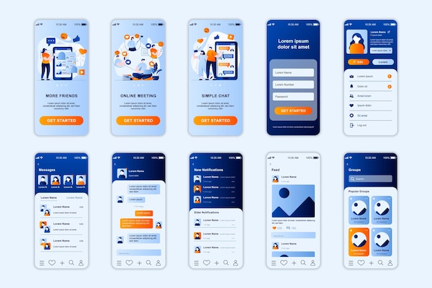 Telas de conceito de rede social definidas para o modelo de aplicativo móvel UI UX GUI kit de interface de usuário