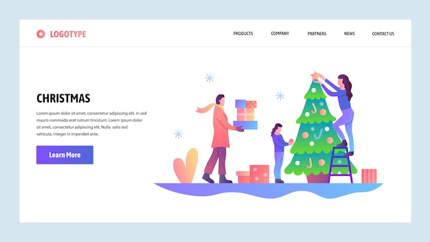 Vetor telas de embarque do site família feliz decorar árvore de natal natal feliz e feliz ano novo modelo de banner vetorial de menu para desenvolvimento de site e aplicativo móvel