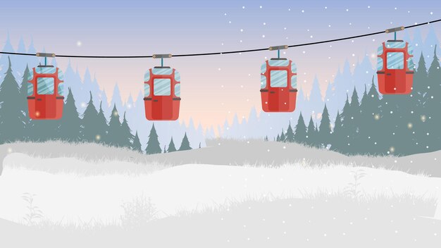 Teleférico com reboques na floresta de inverno. Floresta de neve fabulosa. Estilo de desenho animado. Ilustração vetorial.