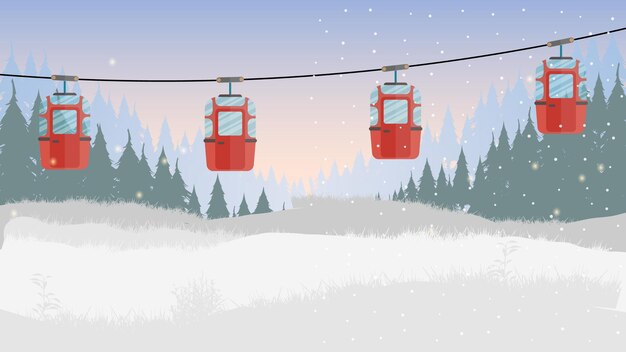 Teleférico com reboques na floresta de inverno. floresta de neve fabulosa. estilo de desenho animado. ilustração vetorial.