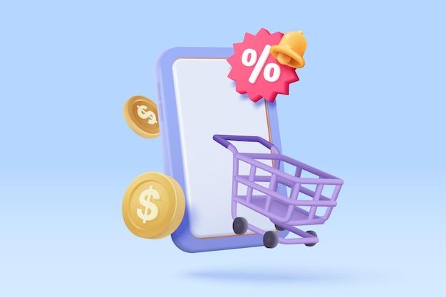 Vetor telefone celular 3d com etiquetas de preço notificar para o conceito de compras on-line cesta com cupom de desconto de etiqueta de promoção de dinheiro para promoção de oferta especial futura ilustração de vetor de ícone de lembrete 3d render