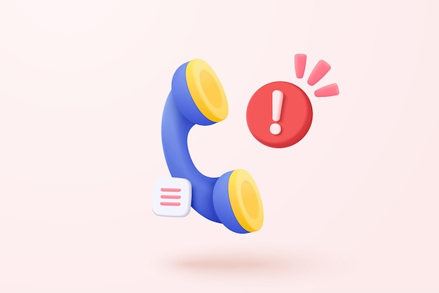 Telefone de chamada 3d e alerta de aviso de falha fale com a linha direta de suporte de serviço ícone de ponto de interrogação ou pergunte faq e qa telefone de resposta para contato cliente ícone de vetor de call center 3d render de ilustração