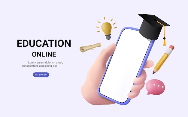 Telefone de mão com boné de graduação Conceito de educação on-line Biblioteca eletrônica Aula digital Cursos de treinamento on-line Curso on-line Aprendizagem eletrônica à distância Design web Ilustração vetorial 3D