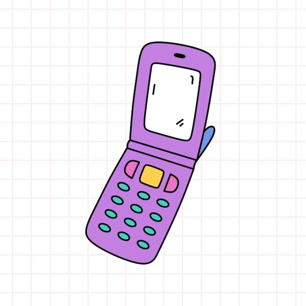 Telefone flip retrô em cores brilhantes ilustração de rabiscos desenhados à mão estilo dos anos 90 nostalgia