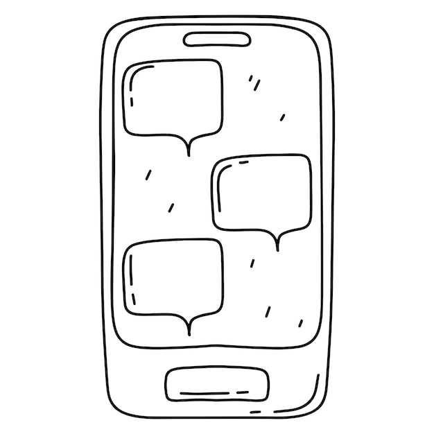 Vetor telefone inteligente com bolhas de fala na tela em estilo doodle desenhado à mão isolado no fundo branco