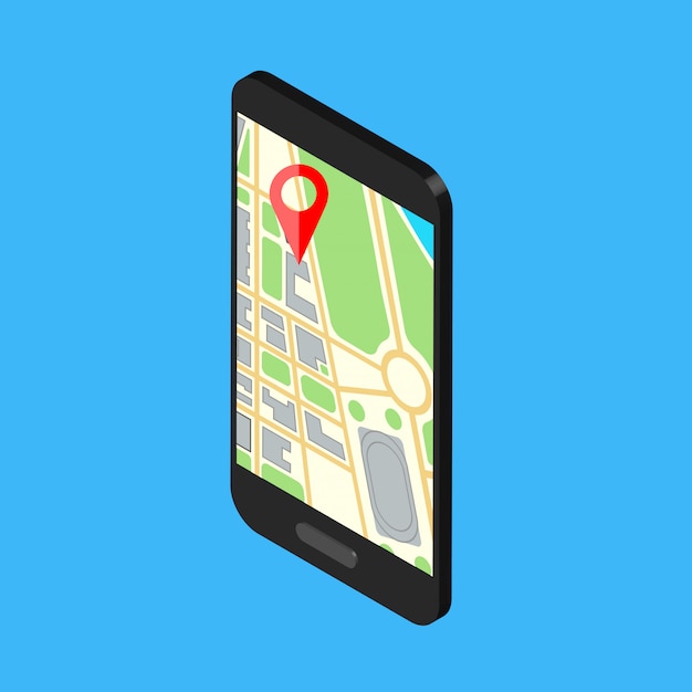 Telefone isométrico com navegação de mapa em uma tela. ilustração.