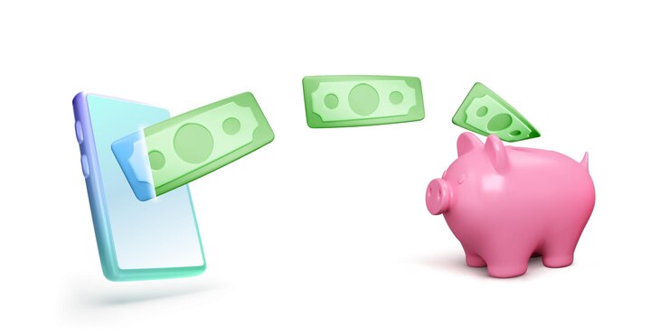 Vetor telefone móvel com dólares de papel verde voador e cofrinho economizando modelo de negócios de dinheiro conceito de cofrinho de depósito de dinheiro e investimento para aplicativo ou serviço financeiro ilustração vetorial