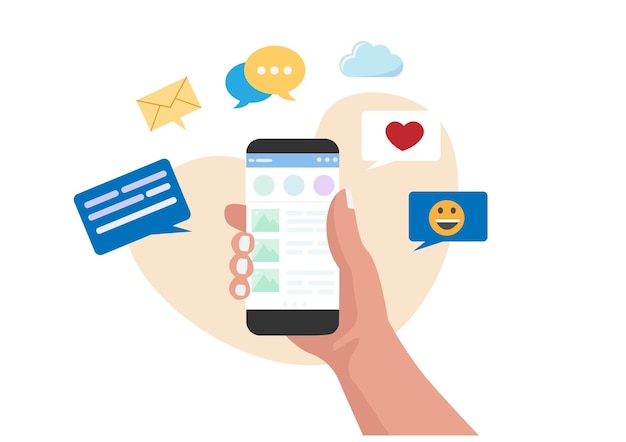 Telefone móvel com ícones de texto e emojis Conceito de comunicação no fundo branco Conceito de rede social Ilustração Vector cartoon flat style