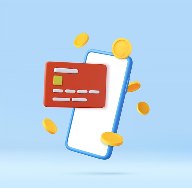 Telemóvel 3D com cartão de crédito e dinheiro Segurança financeira para compras on-line Pagamento on-line seguro com cartões de crédito Dinheiro moeda conceito de pagamento de ícone Rendering 3D Ilustração vetorial