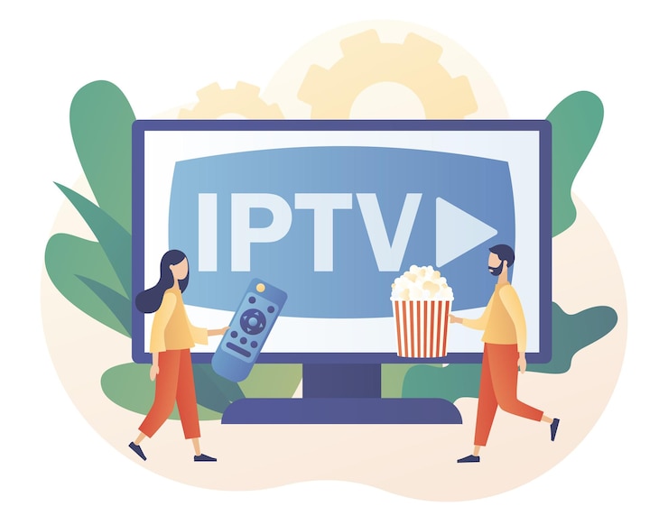 Vetor televisão de protocolo de internet. conceito de iptv. pessoas minúsculas assistem ao fluxo de tv de mídia digital com pipoca.