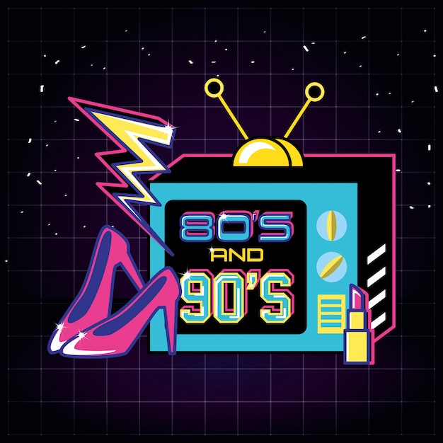 Televisor com ícones dos anos 80 e 90 retro