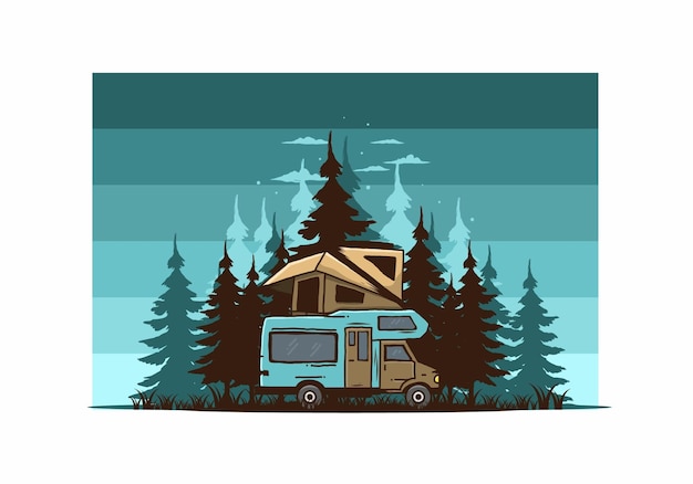 Vetor telhado de carro acampando na ilustração da selva