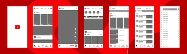 Tema branco YouTube mockup tela de login tela inicial YouTube feed YouTube curtas assinaturas publicação de conteúdo notificação de rede social layout ilustração vetorial editorial