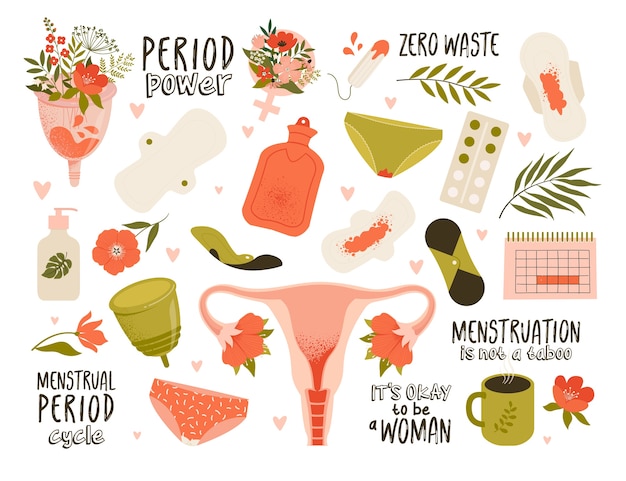 Vetor tema da menstruação. vários produtos de higiene feminina. objetos de lixo zero.