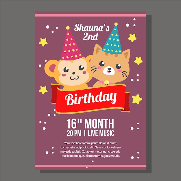 tema de convite de festa de aniversário com kawaii gato e macaco