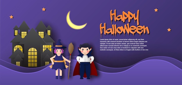 Tema de estilo de corte de papel de banner de halloween com ilustração de castelo vampiro e bruxa editável eps cc