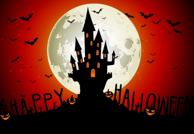 Tema de Halloween com casa assustadora no fundo de lua cheia