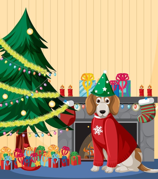 Tema de natal com cachorro grande pela árvore