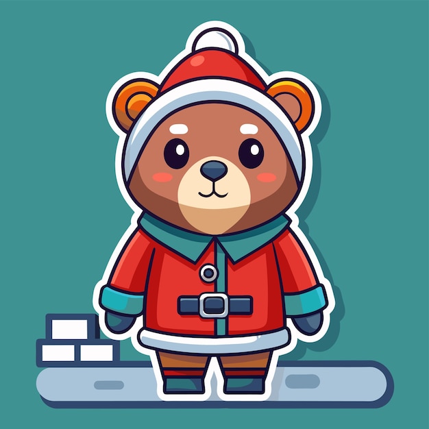 Tema de natal com urso e presente mascote desenhado à mão personagem de desenho animado adesivo conceito de ícone isolado