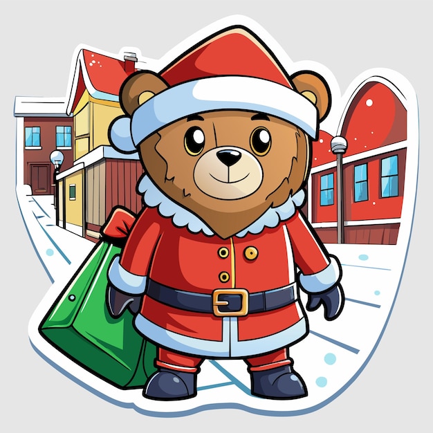 Vetor tema de natal com urso e presente mascote desenhado à mão personagem de desenho animado adesivo conceito de ícone isolado