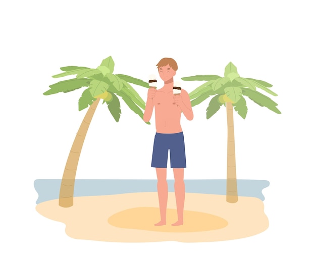 Vetor tema de praia de férias de verão um homem feliz segurando sorvete em ambas as mãos aproveita as férias ilustração em vetor plano