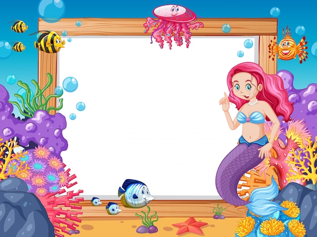 Tema de sereia e animal marinho com estilo de desenho animado de banner em branco sobre fundo branco