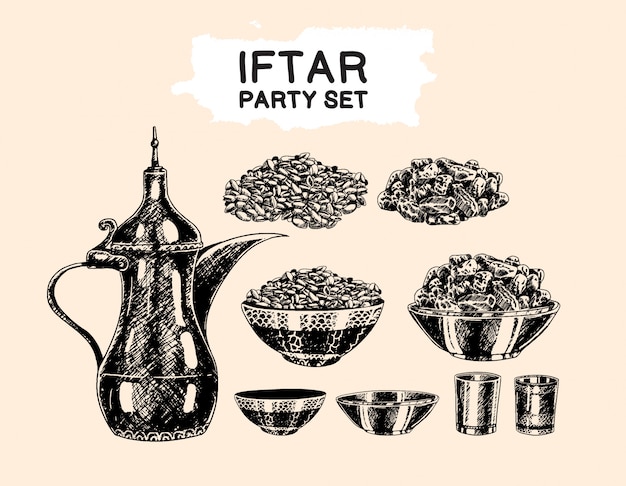 Tema islâmico de iftar party conjunto mão estilo elemento de desenho