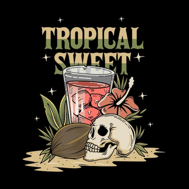 Tema tropical com cabeça de caveira, flor de verão e coco