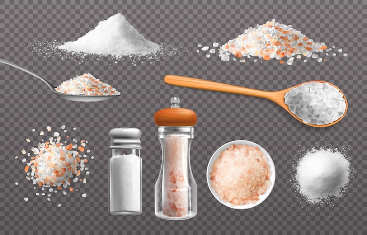 Vetor tempero alimentar comestível de sal realista em garrafa de vidro pilhas e colheres de condimento salgado do himalaia grãos e pó de mineral de sódio do mar ingrediente de cozinha vetor isolado conjunto de especiarias culinárias 3d
