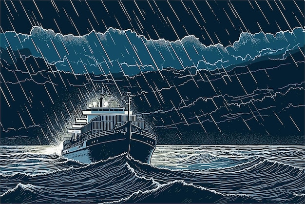 Vetor tempestade de relâmpagos no mar vista de um navio de contêineres arte vetorial