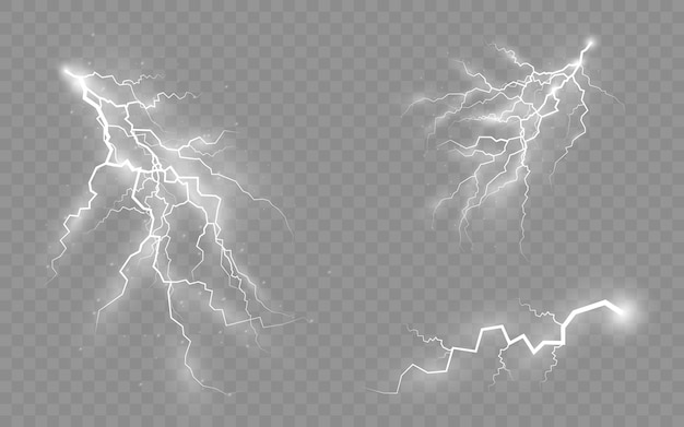 Tempestade e relâmpagos, o efeito de raios e iluminação, conjunto de zíperes, símbolo de força natural ou mágica, luz e brilho, resumo, eletricidade e explosão, ilustração vetorial,
