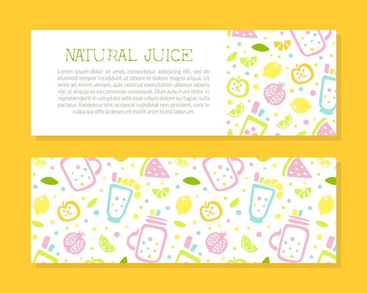 Vetor template de banner horizontal de suco natural com texto design de embalagem de cartão de flyer com frutas tropicais e bebidas de verão refrescantes padrão sem costura ilustração vetorial desenhada à mão