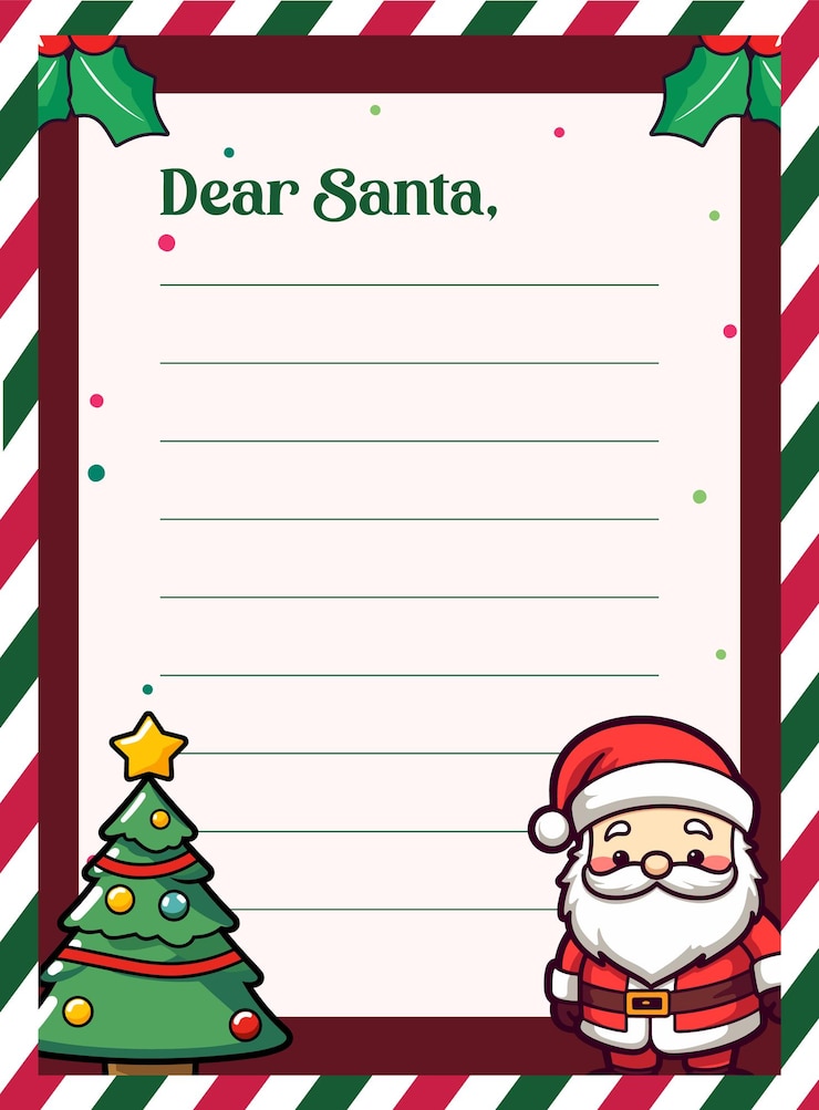 Vetor template de carta de papai noel para crianças em folha decorada com árvore de natal vector e papai noel
