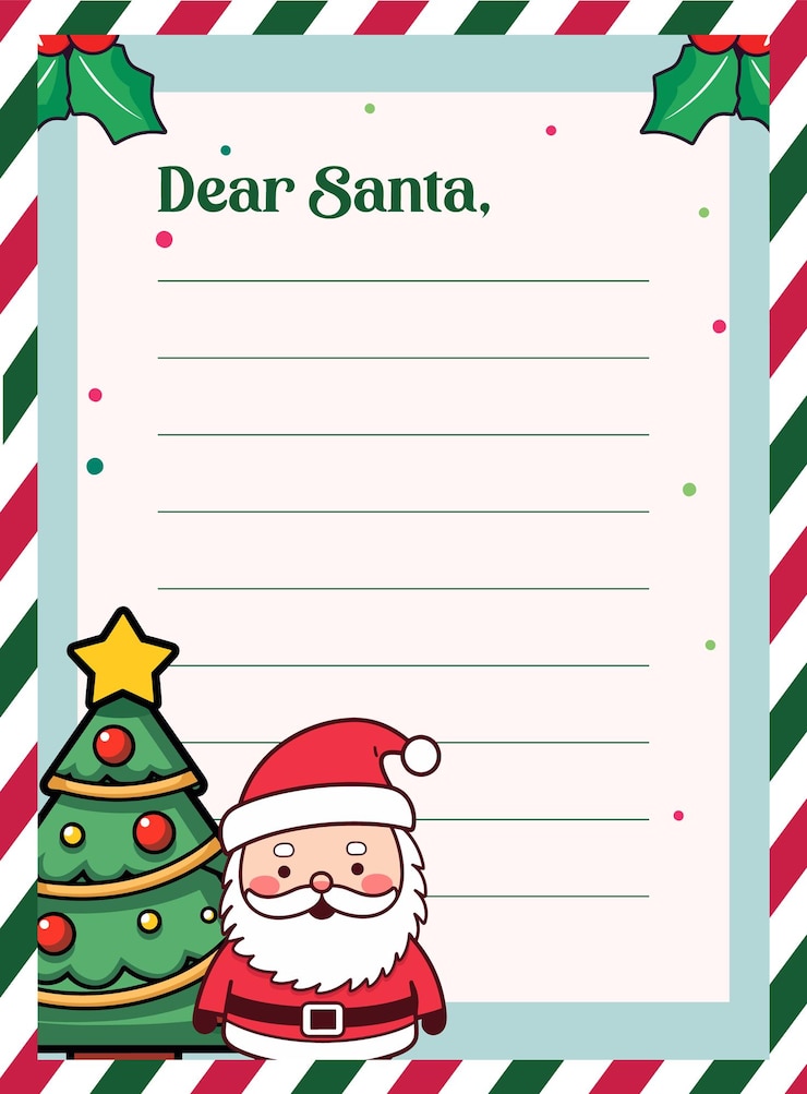 Vetor template de carta de papai noel para crianças folha decorada com árvore de natal vector e papai noel
