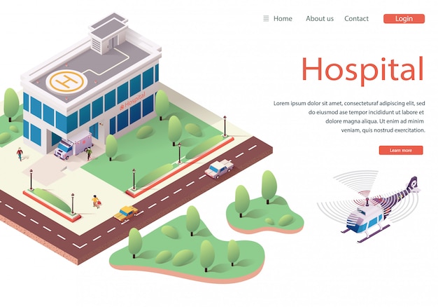 Vetor template website hospital, página inicial da web de desembarque