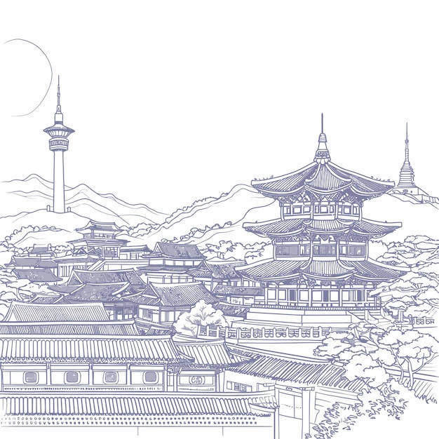 Vetor temple_nature_landscape_view_vector_sketch