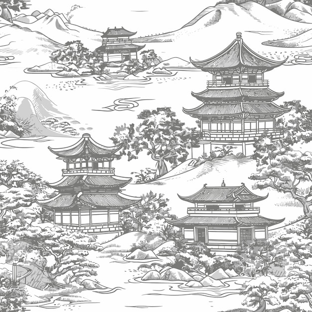 Vetor temple_nature_landscape_view_vector_sketch