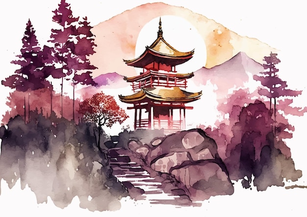 Vetor templo japonês calmo em aquarela