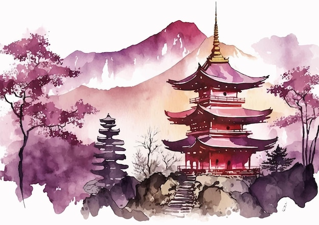 Vetor templo japonês pacífico em aquarela