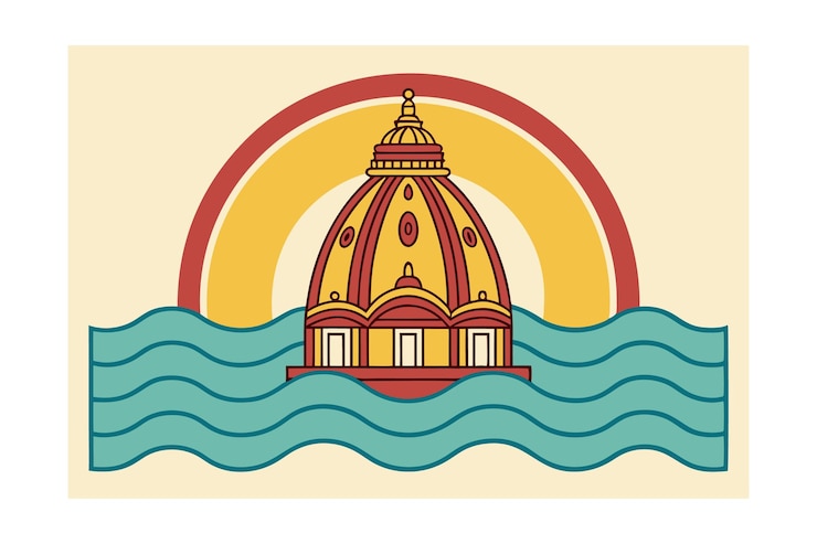 Vetor templo na água com um arco colorido e ondas