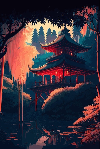Templo vermelho do Oriente em árvores de outono. Desenho de anime japonês, estilo de arte digital, ilustração.