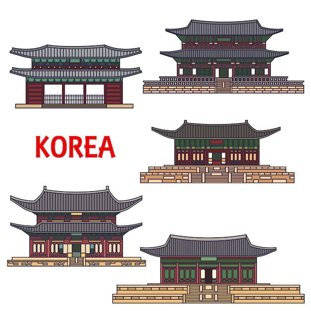 Vetor templos históricos da coreia isolados no branco