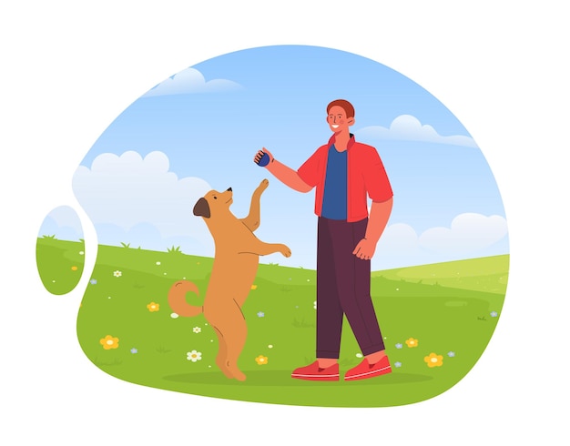 Tempo com o cão homem brinca com o cachorro em limpeza tarefas domésticas jovem com animal de estimação treinamento amor e