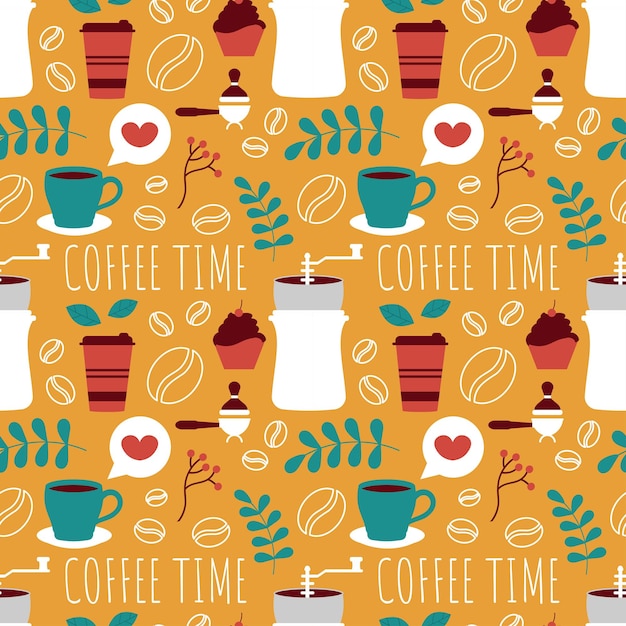 Tempo de café Desenho de padrão sem costura com grãos de cacau e jarra em ilustração plana de desenho animado