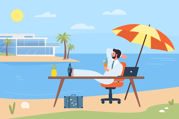 Tempo de férias relaxante na praia de um jovem empresário feliz com os pés na secretária do escritório