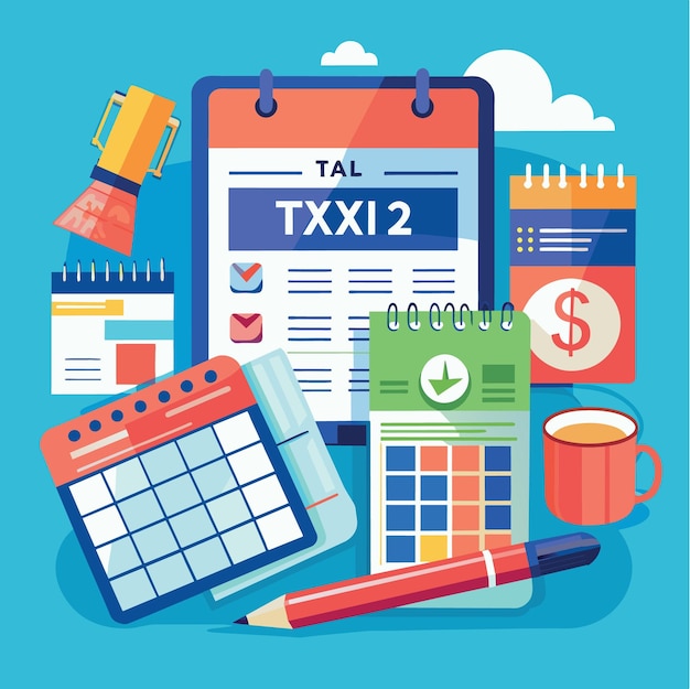 Vetor tempo de imposto em abril conceito caneta em 1040 formulário de imposto de renda individual dos eua preenchimento com calendário e cálculo