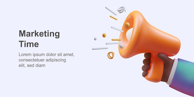 Tempo de marketing 3D mão masculina de pele escura segurando o megafone Anúncio importante Atenção a todos Som na imagem Banner horizontal de publicidade com lugar para o título do texto
