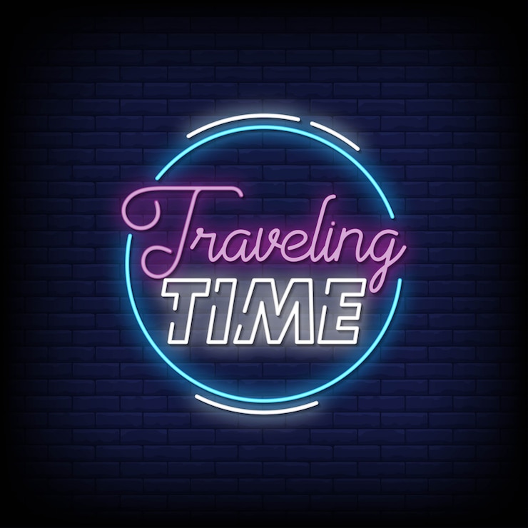 Vetor tempo de viagem com sinais de néon estilo texto